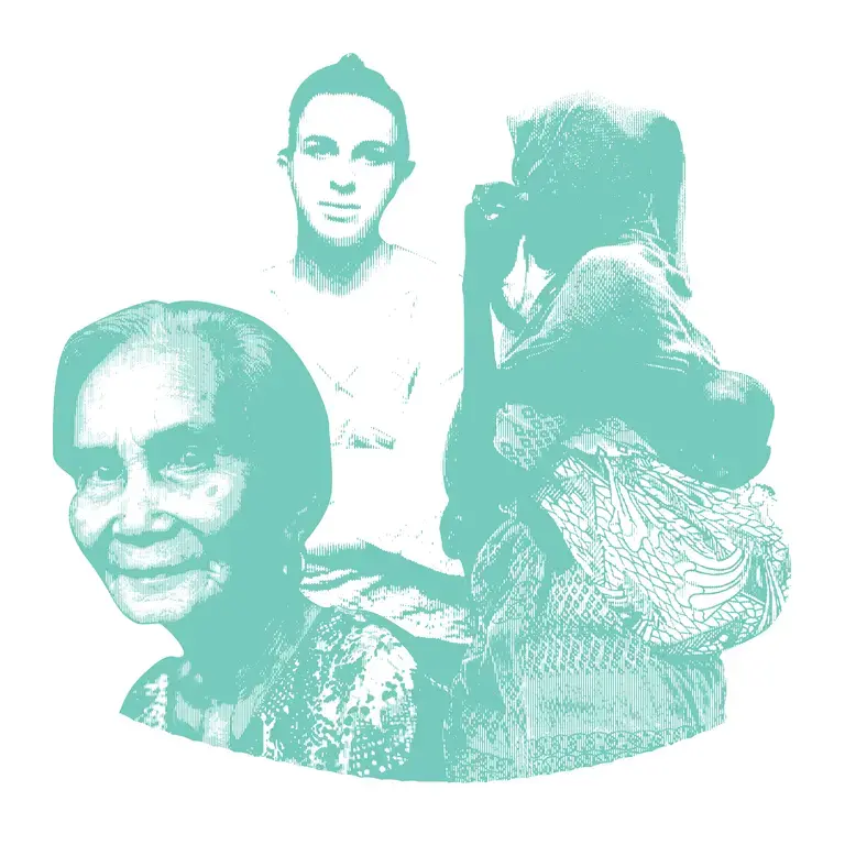 Three women grouped together: an elderly woman smiling, a transwoman with her arms folded, and a woman holding her headscarf with a baby strapped to her back. 