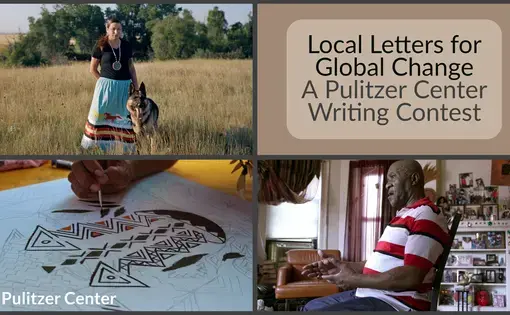 Collage of images from news stories students responded to in their Local Letters contest entries.