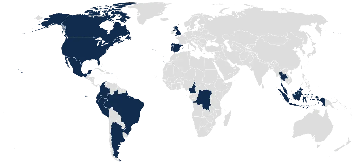 world map with countries that Pulitzer Center staff live in highlighted